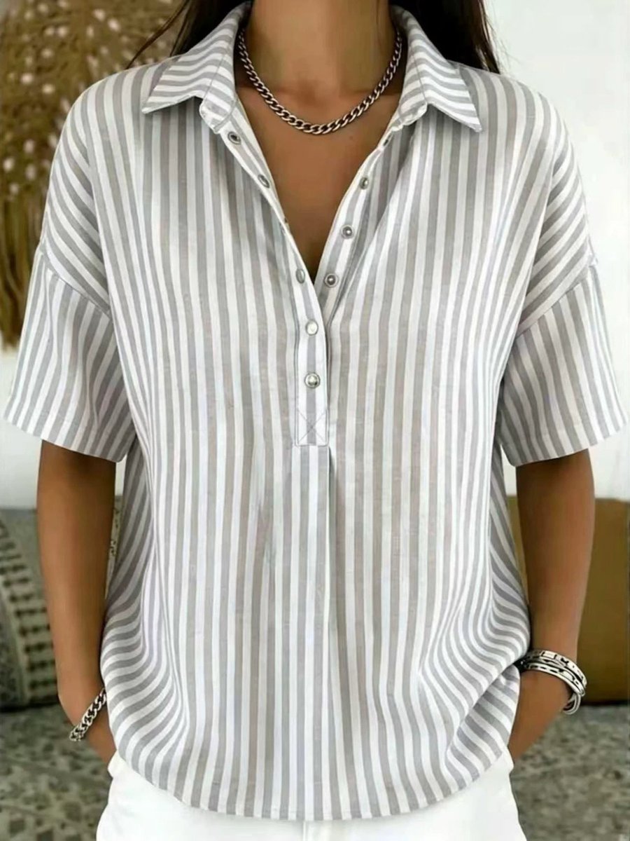 Sara | Dames Gestreepte Relaxed-Fit Korte Mouw Blouse met Kraag