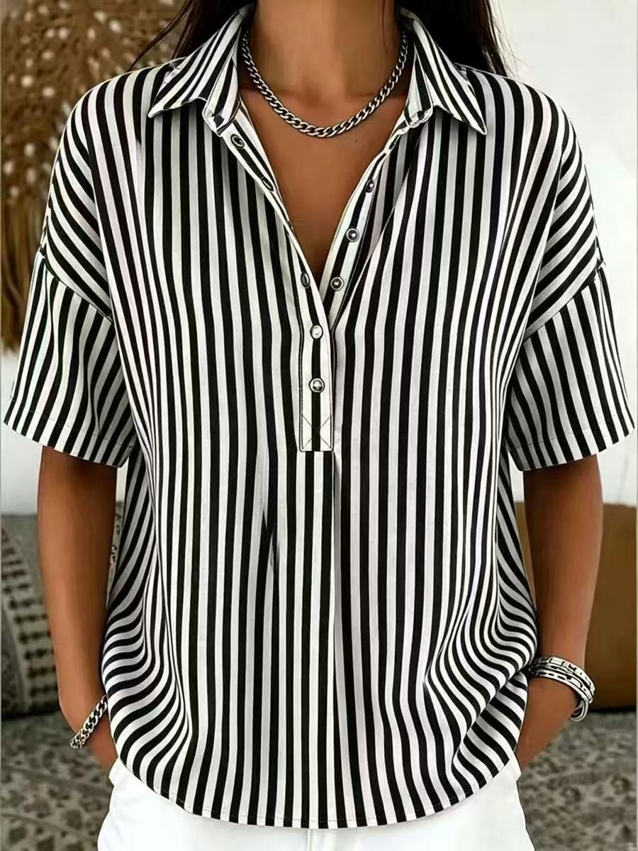 Sara | Dames Gestreepte Relaxed-Fit Korte Mouw Blouse met Kraag