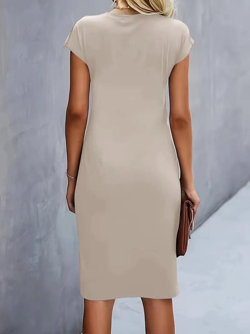 Sara | Dames Getailleerde Ruched Midi Jurk Korte Mouw Bodycon