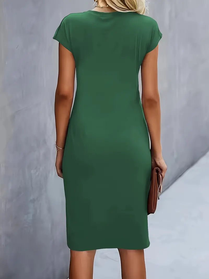 Sara | Dames Getailleerde Ruched Midi Jurk Korte Mouw Bodycon