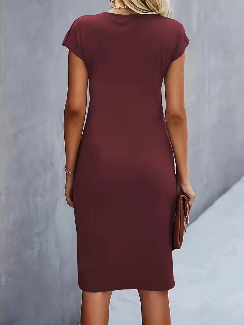 Sara | Dames Getailleerde Ruched Midi Jurk Korte Mouw Bodycon
