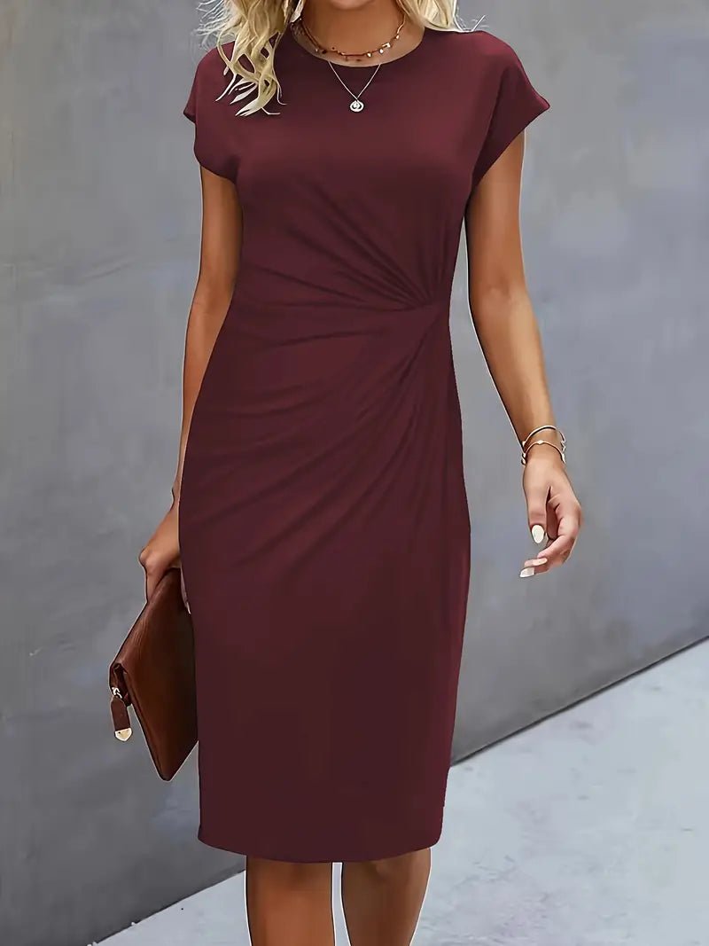Sara | Dames Getailleerde Ruched Midi Jurk Korte Mouw Bodycon