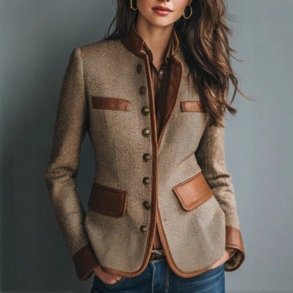 Lisa | Dames Getailleerde Tweed Blazer Kunstleren Biesjes Knoopsluiting