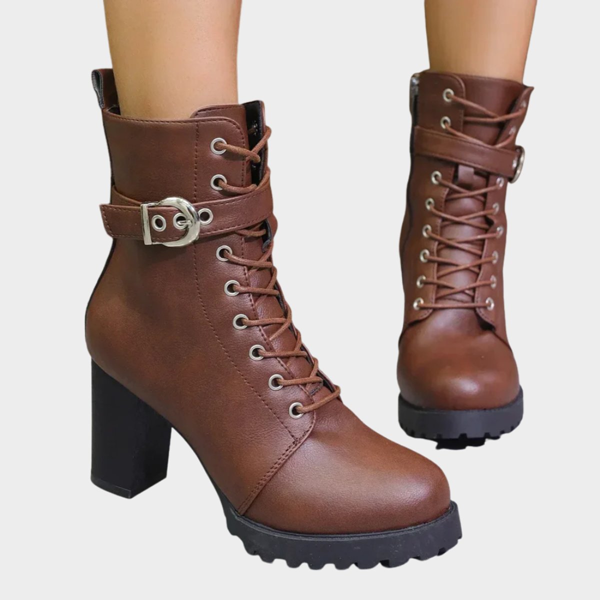 Sanne | Dames Gevlochten Veterlaars Gesp Blokhak Ankle Boots
