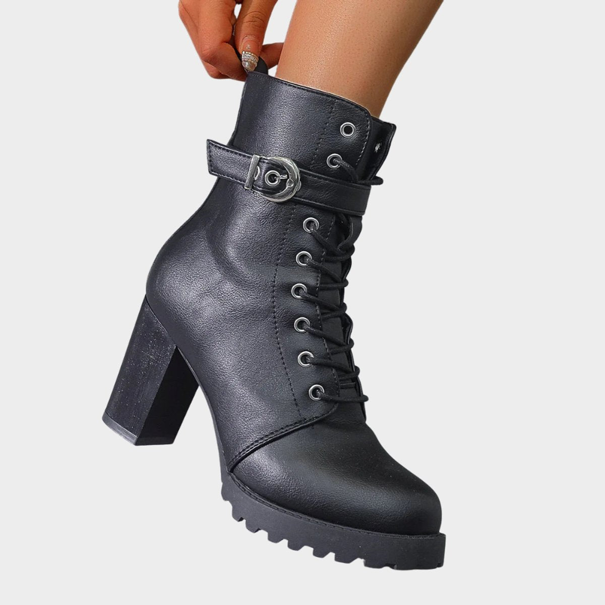 Sanne | Dames Gevlochten Veterlaars Gesp Blokhak Ankle Boots