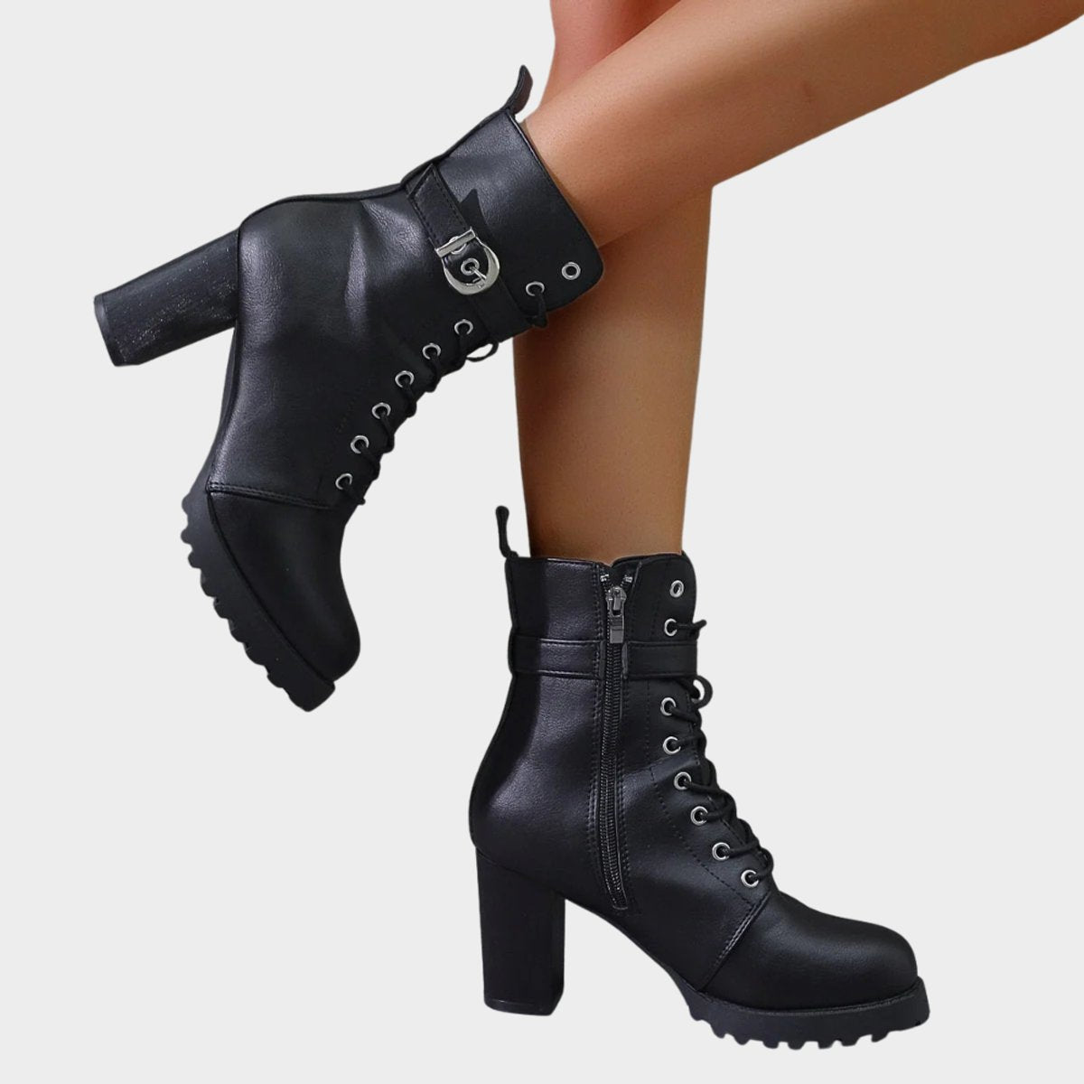 Sanne | Dames Gevlochten Veterlaars Gesp Blokhak Ankle Boots