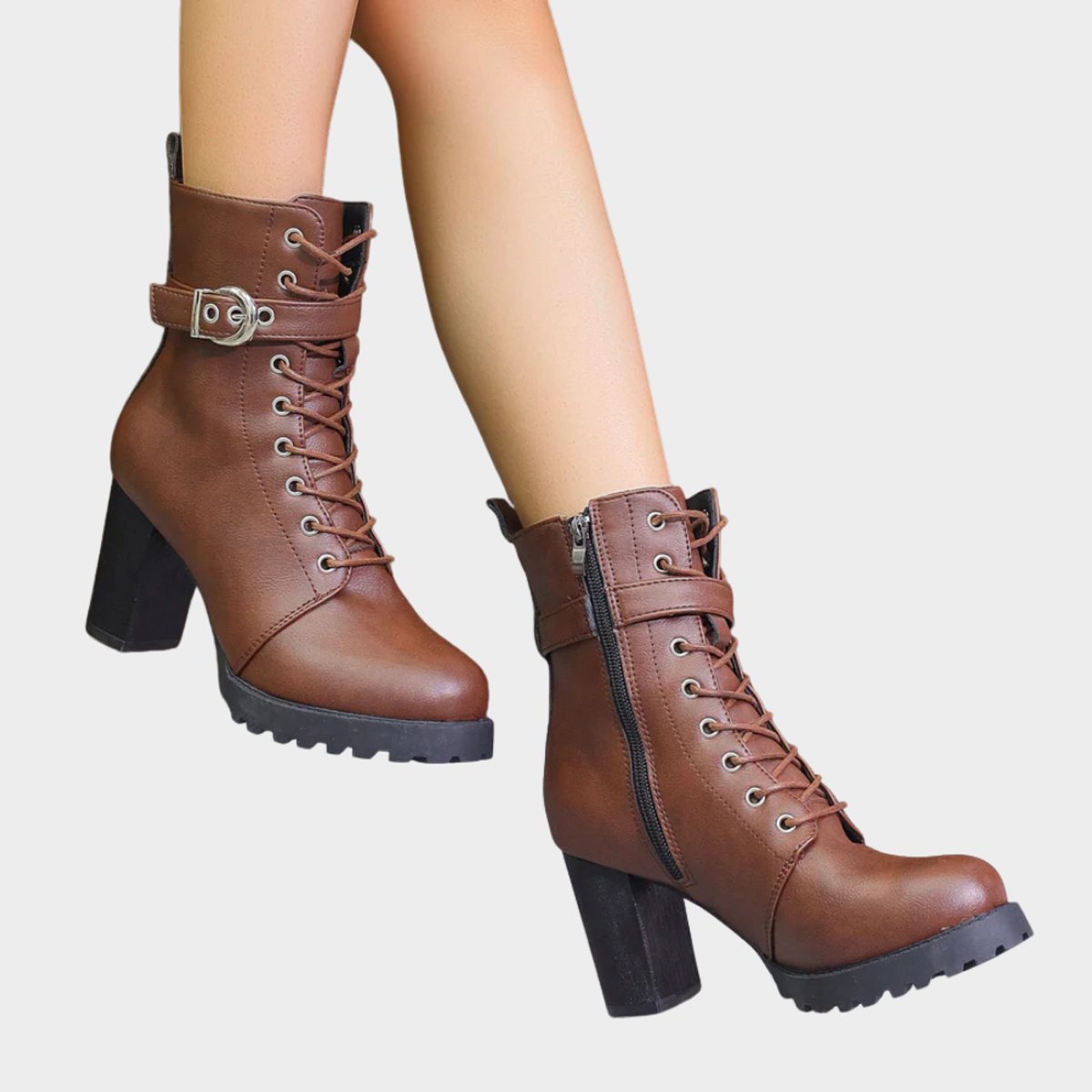 Sanne | Dames Gevlochten Veterlaars Gesp Blokhak Ankle Boots