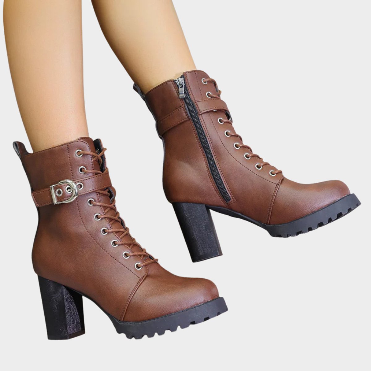 Sanne | Dames Gevlochten Veterlaars Gesp Blokhak Ankle Boots