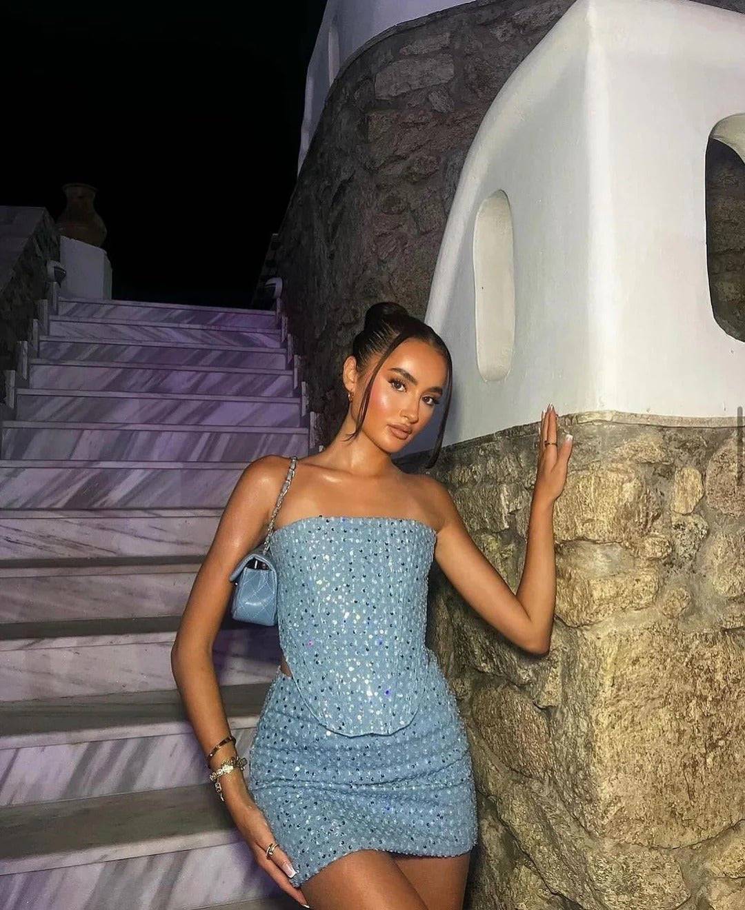 Tessa | Dames Glitter Pailletten Denim Two-Piece Set Strapless Top Mini Rok