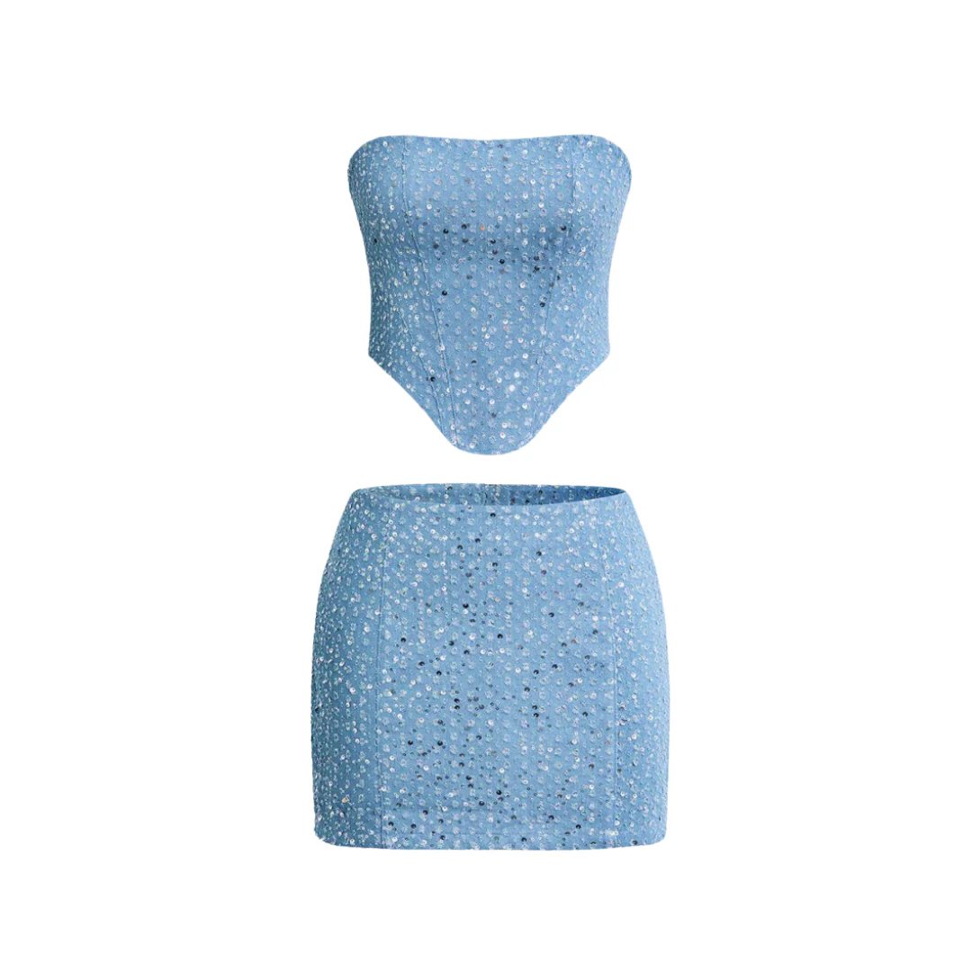 Tessa | Dames Glitter Pailletten Denim Two-Piece Set Strapless Top Mini Rok