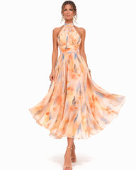 Olivia | Dames Halter Neck Aquarelprint Chiffon Midi Dress