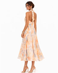 Olivia | Dames Halter Neck Aquarelprint Chiffon Midi Dress
