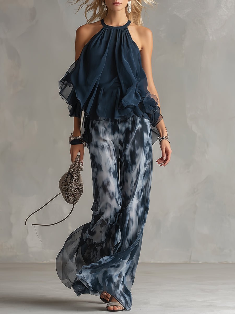 Anna | Dames Halter Ruffle Blouse Wijdbeense Broek Tweedelig Set