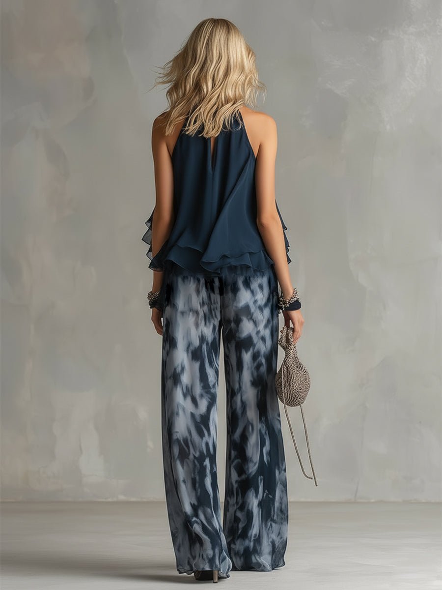 Anna | Dames Halter Ruffle Blouse Wijdbeense Broek Tweedelig Set