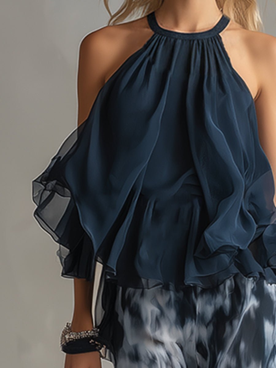 Anna | Dames Halter Ruffle Blouse Wijdbeense Broek Tweedelig Set