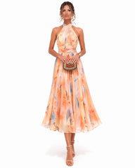 Eva | Dames Halterneck Chiffon Bloemenprint Midi-jurk