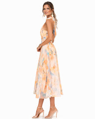 Eva | Dames Halterneck Chiffon Bloemenprint Midi-jurk