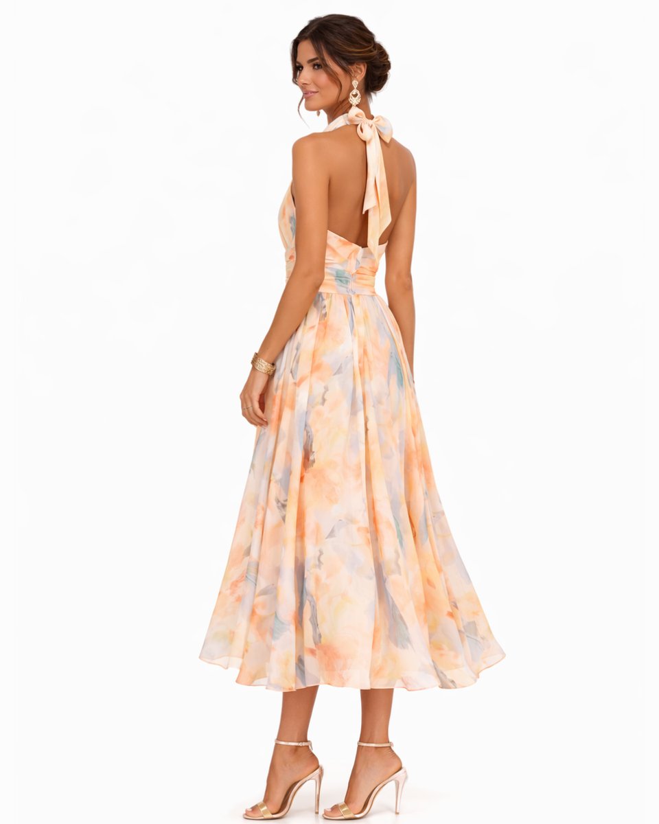 Eva | Dames Halterneck Chiffon Bloemenprint Midi-jurk