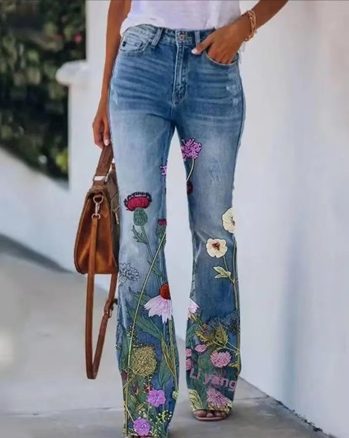 Sophie | Dames Hoge Taille Bloemenprint Flare Jeans