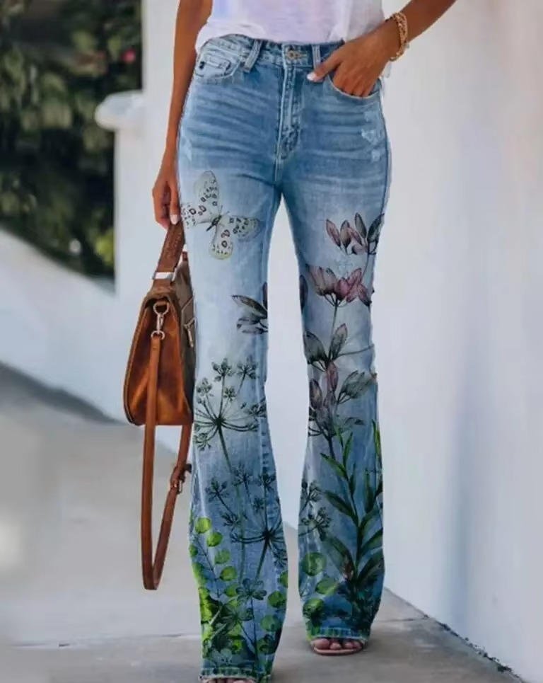 Sophie | Dames Hoge Taille Bloemenprint Flare Jeans