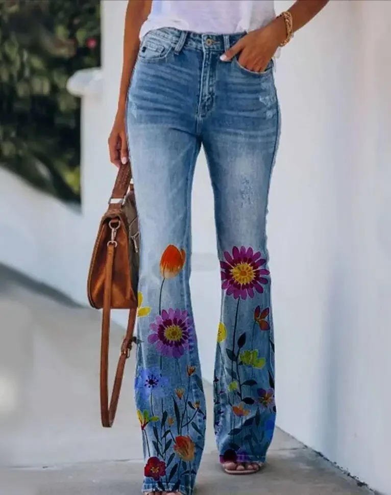 Sophie | Dames Hoge Taille Bloemenprint Flare Jeans