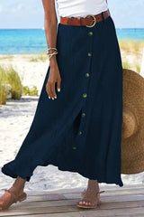 Mila | Dames Hoge Taille Linnen Look Maxi Rok met Knoopjes