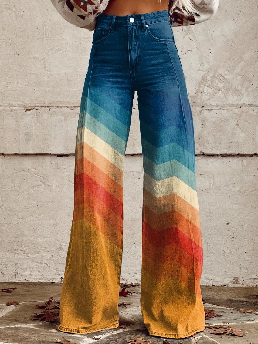 Mila | Dames Hoge Taille Wijde Pijp Chevron Zonsondergang Broek