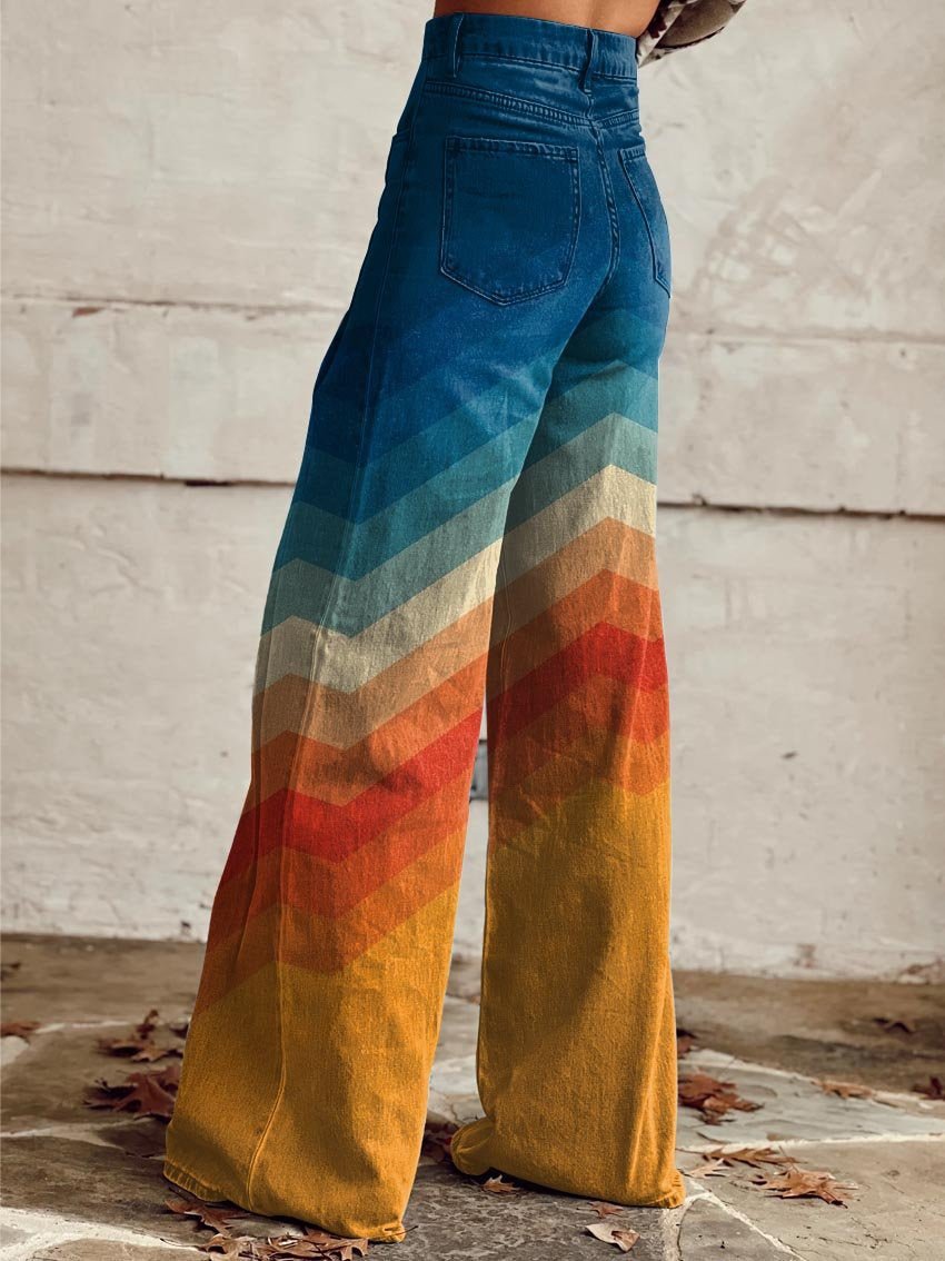 Mila | Dames Hoge Taille Wijde Pijp Chevron Zonsondergang Broek