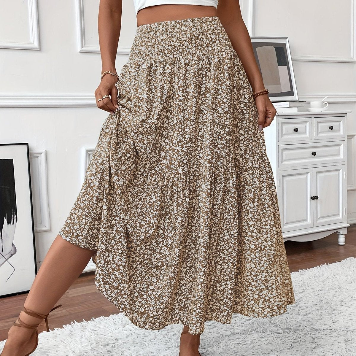 Emma | Dames Hoge Taille Wijdvallende Bloemenprint Midi Rok