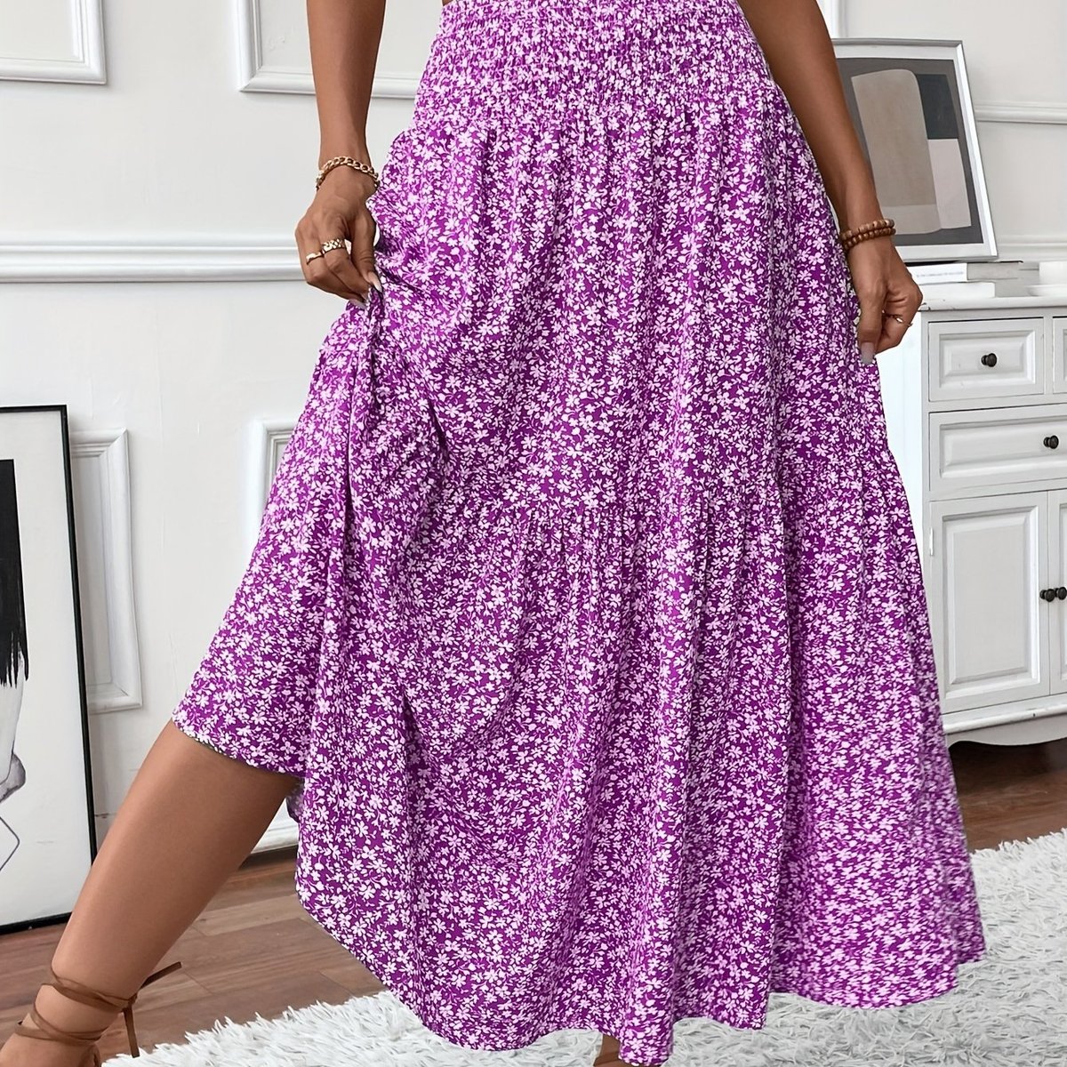 Emma | Dames Hoge Taille Wijdvallende Bloemenprint Midi Rok