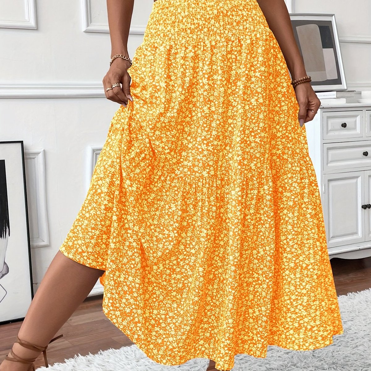 Emma | Dames Hoge Taille Wijdvallende Bloemenprint Midi Rok