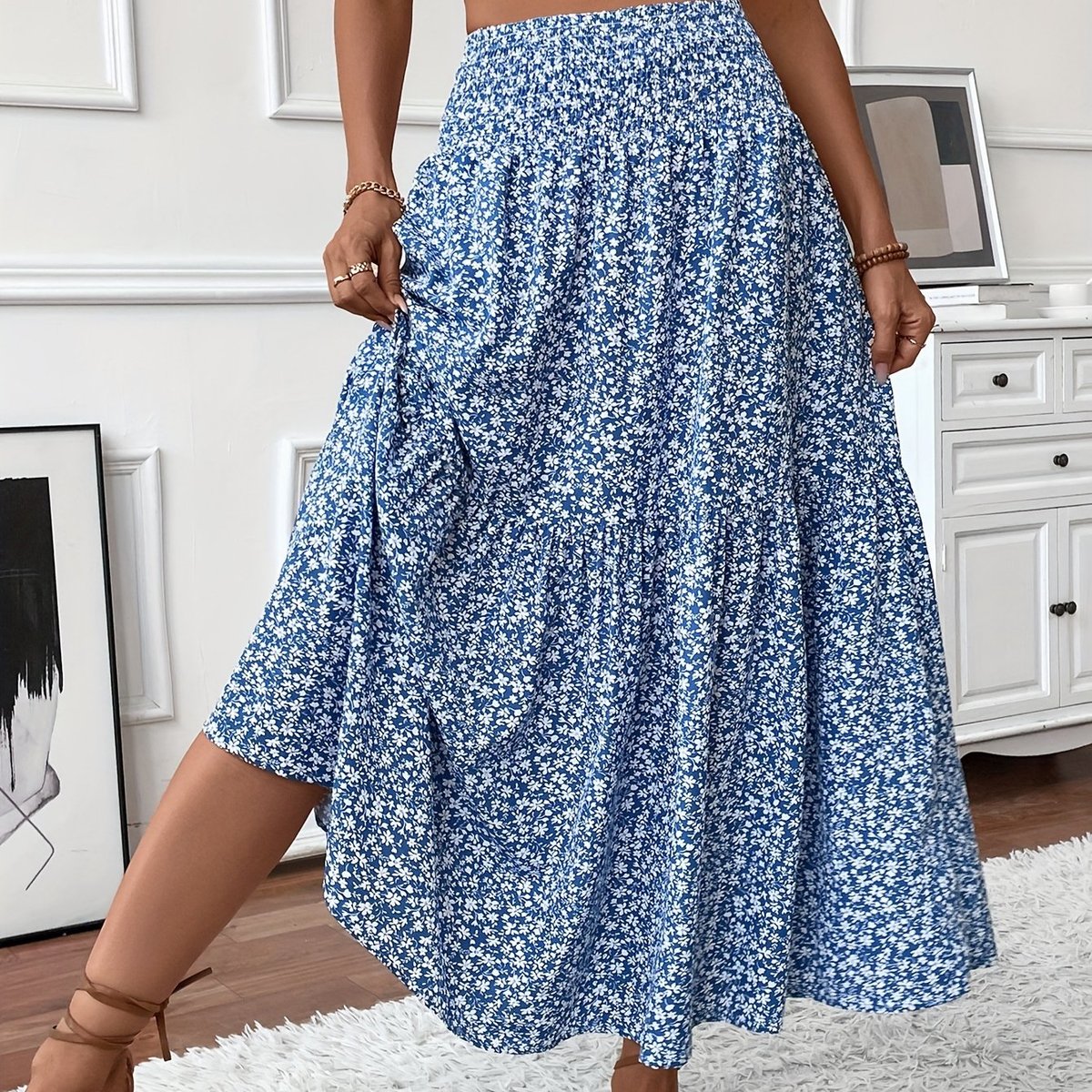 Emma | Dames Hoge Taille Wijdvallende Bloemenprint Midi Rok