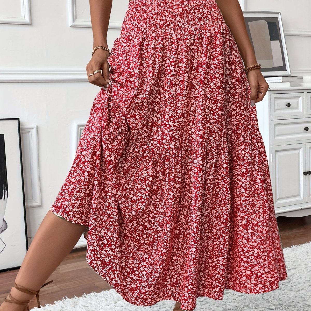 Emma | Dames Hoge Taille Wijdvallende Bloemenprint Midi Rok