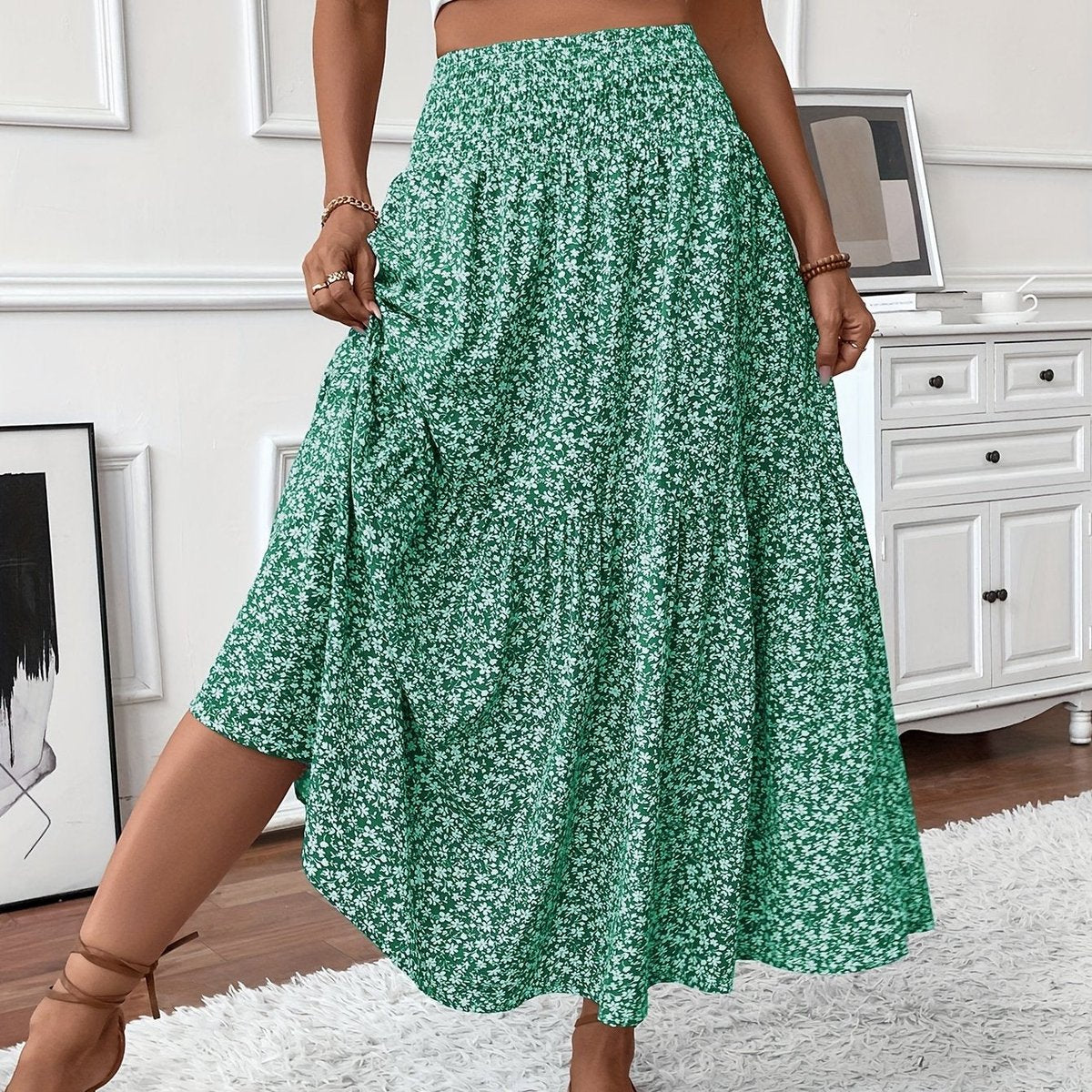 Emma | Dames Hoge Taille Wijdvallende Bloemenprint Midi Rok