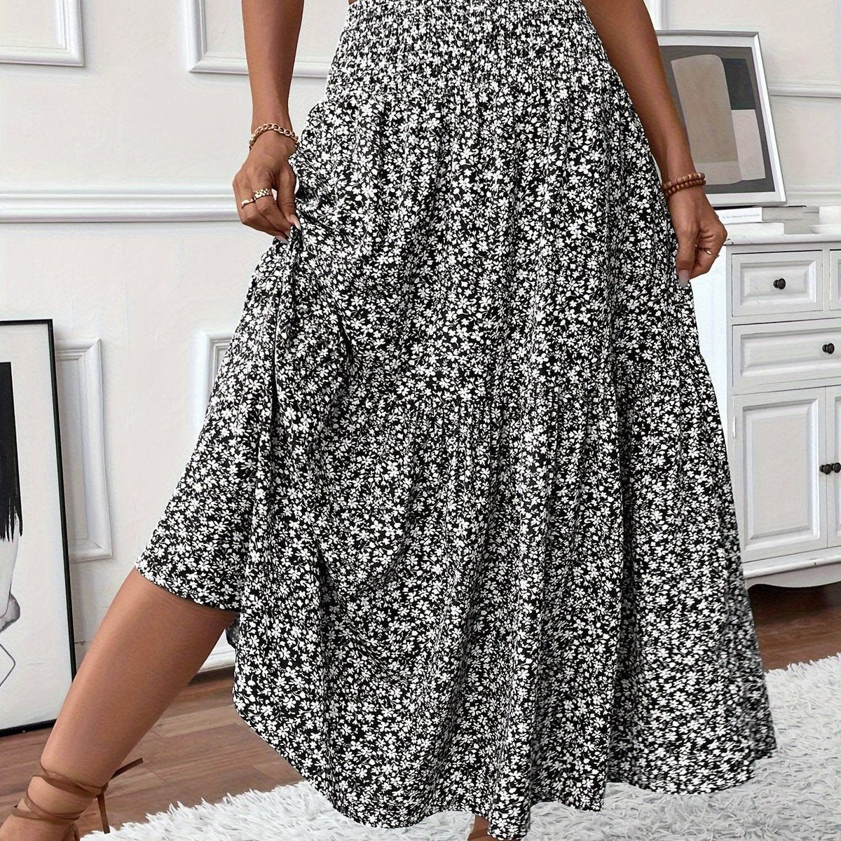 Emma | Dames Hoge Taille Wijdvallende Bloemenprint Midi Rok