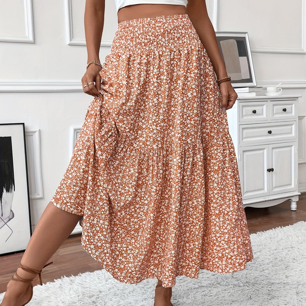 Emma | Dames Hoge Taille Wijdvallende Bloemenprint Midi Rok