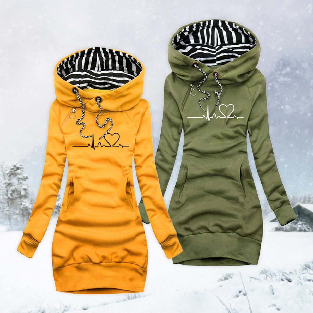 Nina | Dames Hoodie Long Sleeve Dress Hartslag Print Sweaterjurk