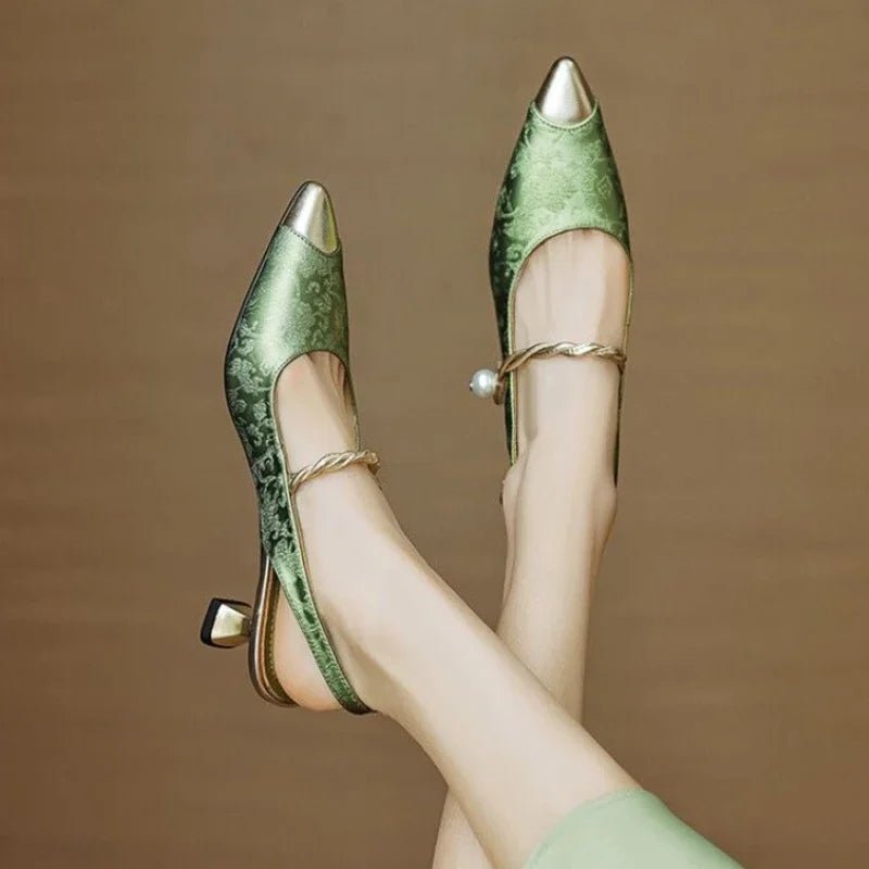 Sanne | Dames Jacquard Slingback Pumps Parel Twisted Bandje Kitten Hak