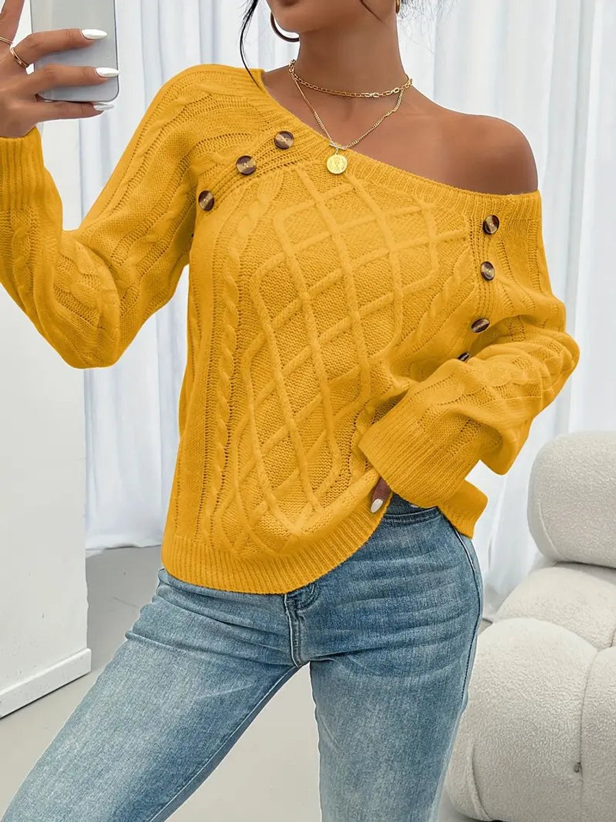 Fleur | Dames Kabelgebreide Knit Sweater Ronde Hals Raglanmouwen Knopen