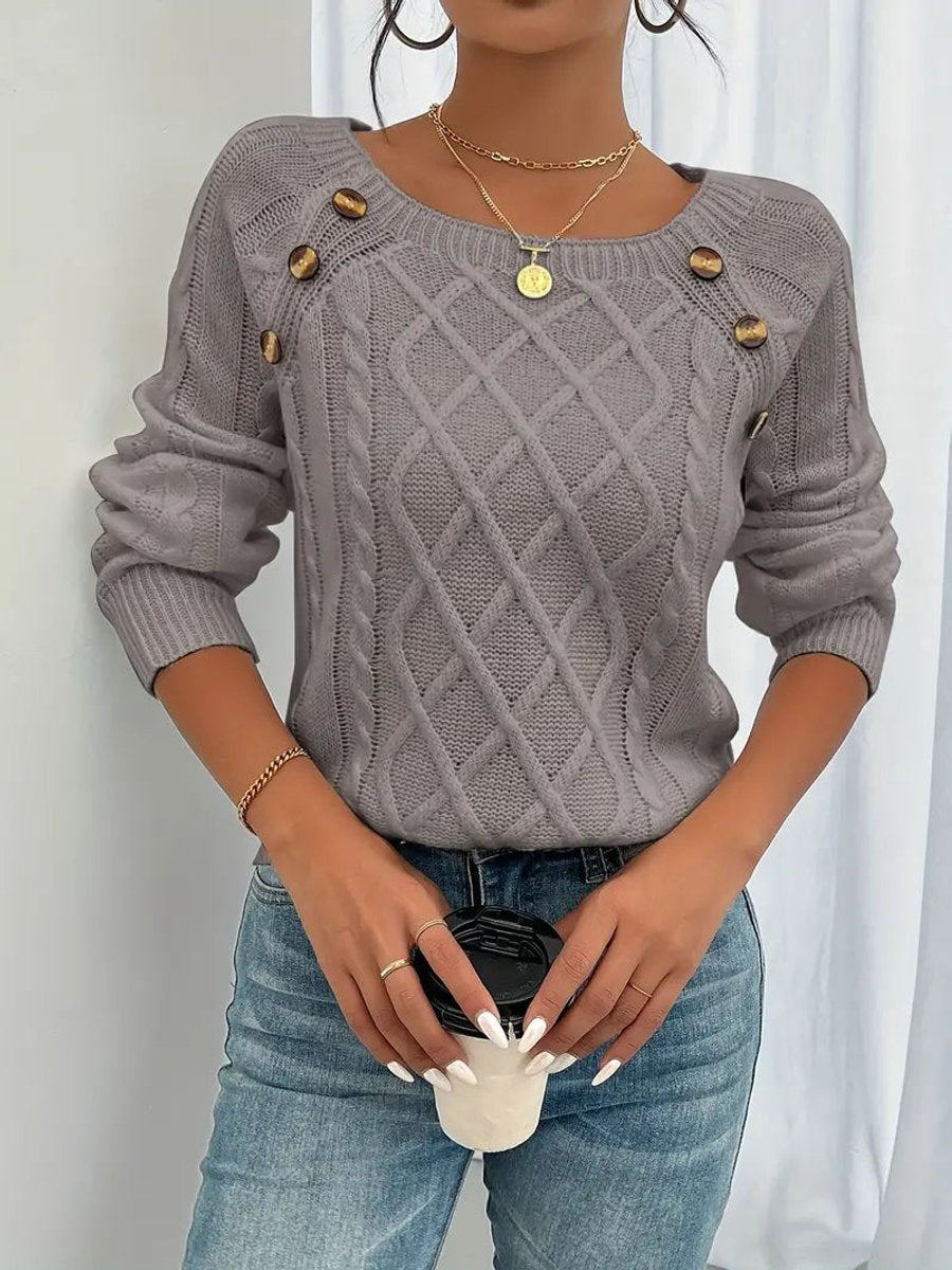 Fleur | Dames Kabelgebreide Knit Sweater Ronde Hals Raglanmouwen Knopen