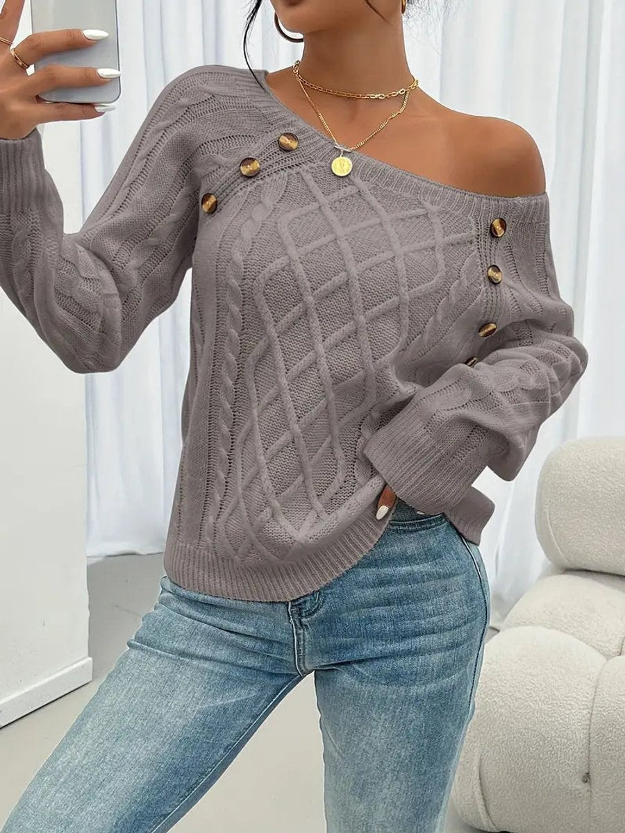 Fleur | Dames Kabelgebreide Knit Sweater Ronde Hals Raglanmouwen Knopen