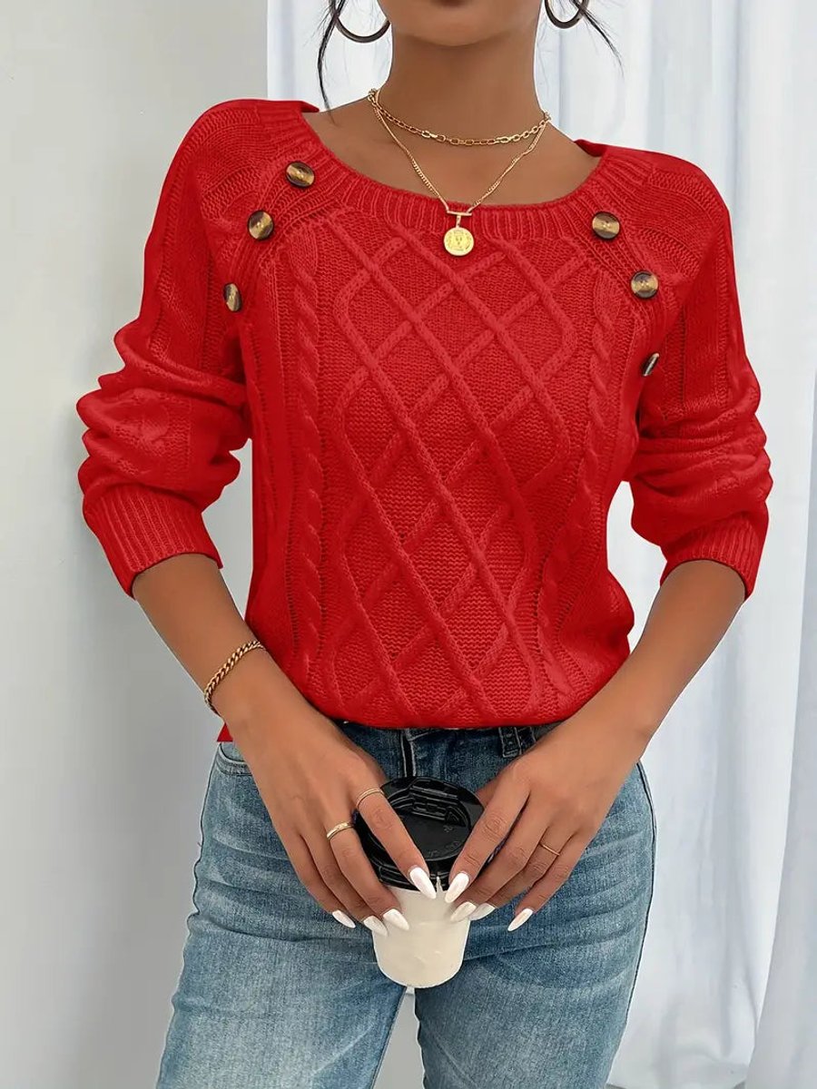 Fleur | Dames Kabelgebreide Knit Sweater Ronde Hals Raglanmouwen Knopen