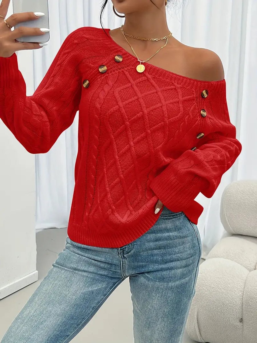 Fleur | Dames Kabelgebreide Knit Sweater Ronde Hals Raglanmouwen Knopen