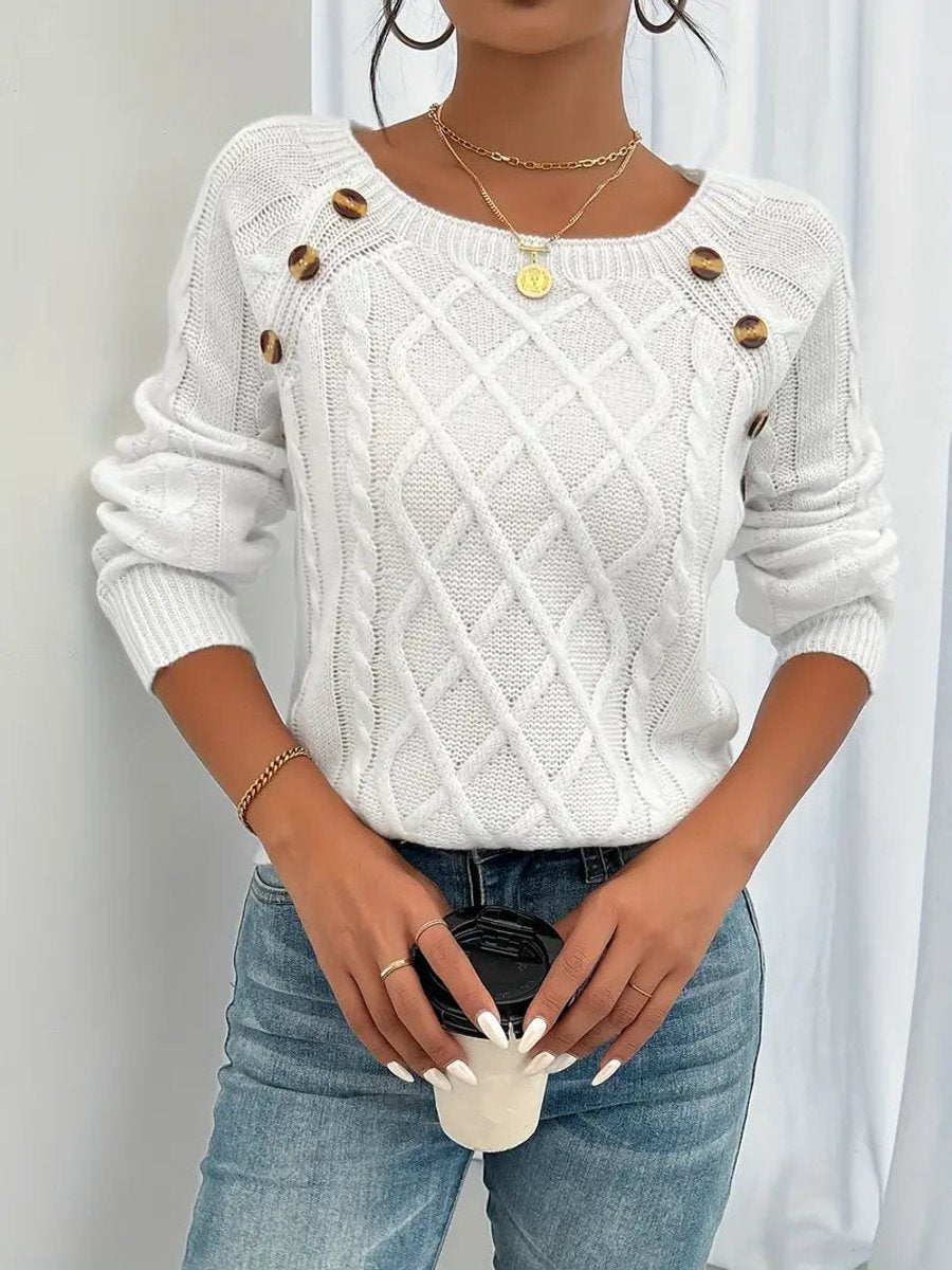 Fleur | Dames Kabelgebreide Knit Sweater Ronde Hals Raglanmouwen Knopen