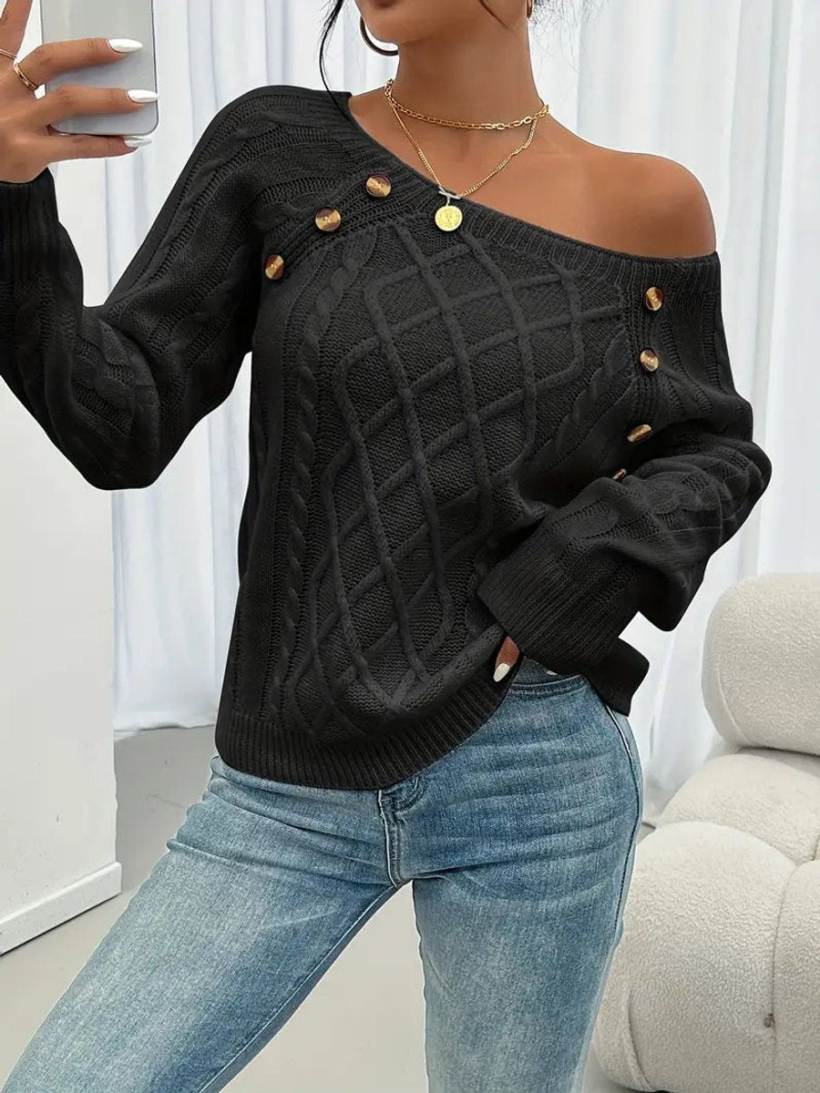 Fleur | Dames Kabelgebreide Knit Sweater Ronde Hals Raglanmouwen Knopen