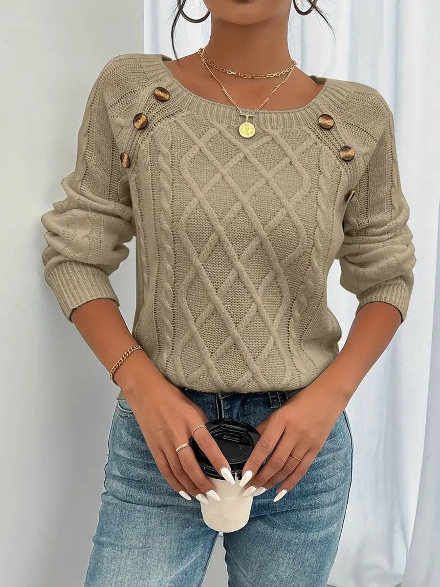 Fleur | Dames Kabelgebreide Knit Sweater Ronde Hals Raglanmouwen Knopen