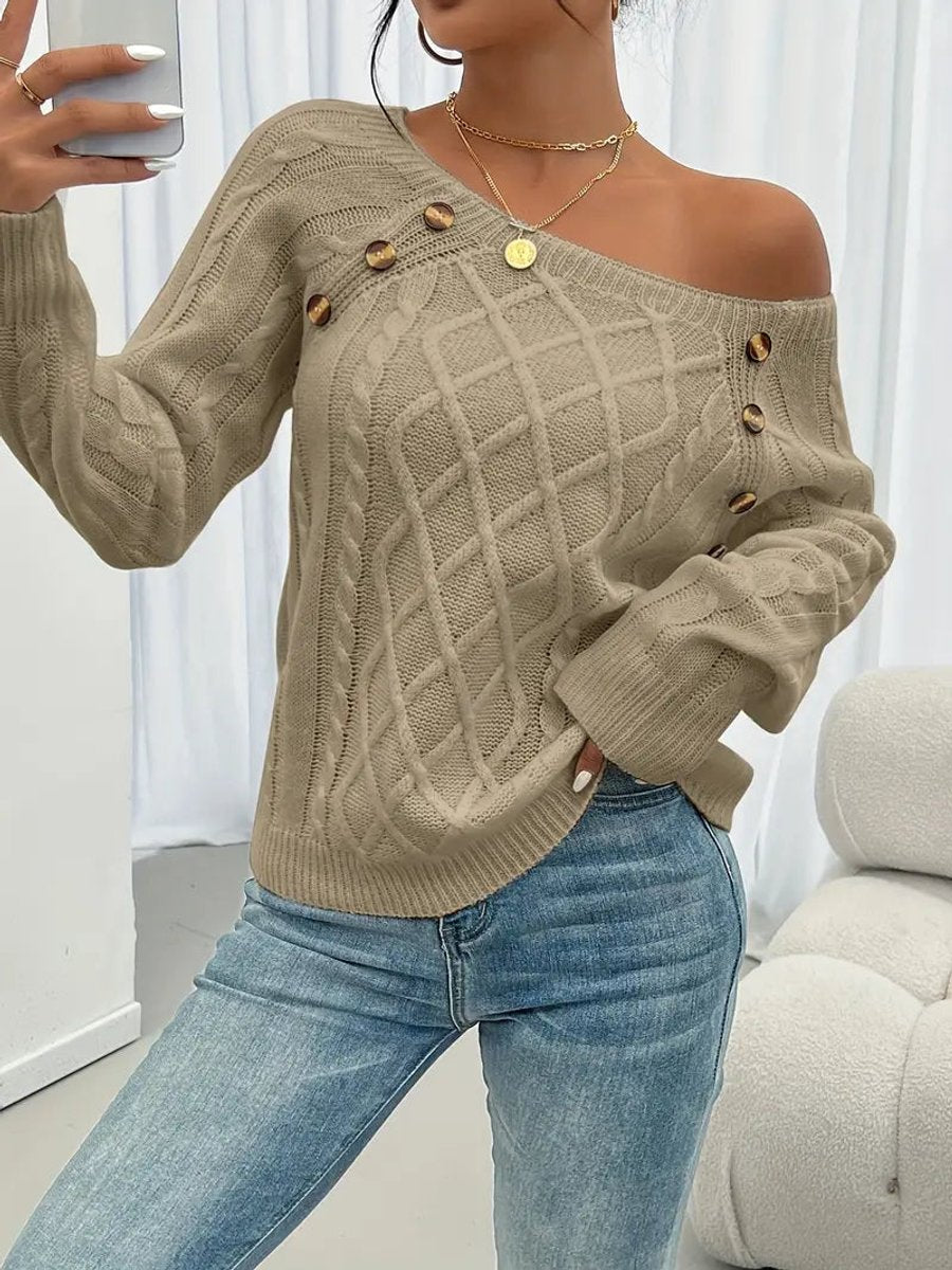 Fleur | Dames Kabelgebreide Knit Sweater Ronde Hals Raglanmouwen Knopen