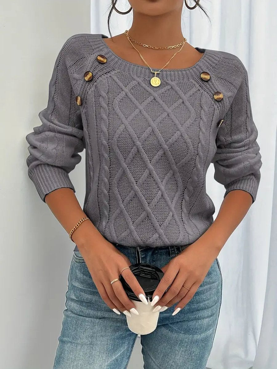 Fleur | Dames Kabelgebreide Knit Sweater Ronde Hals Raglanmouwen Knopen
