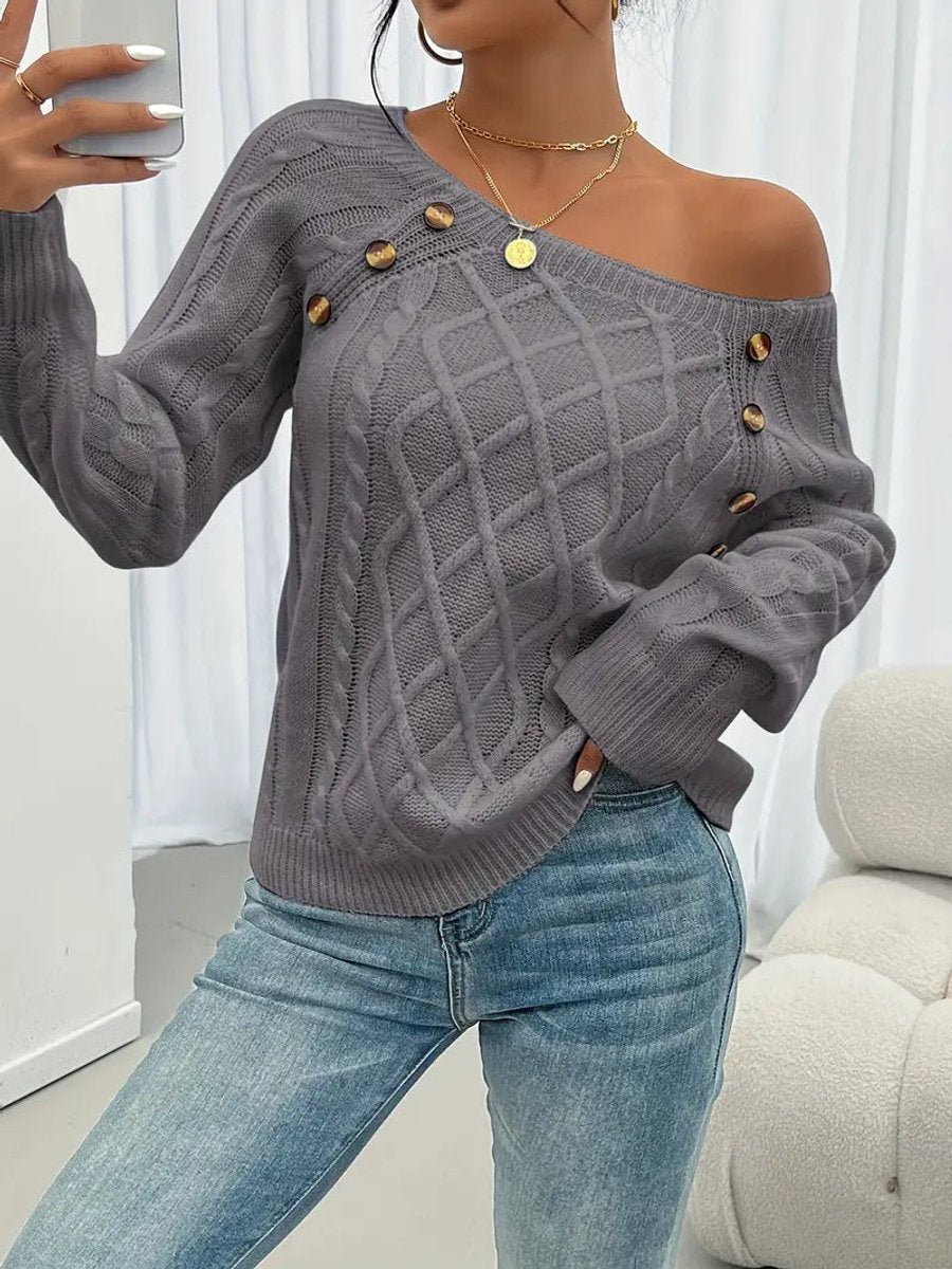 Fleur | Dames Kabelgebreide Knit Sweater Ronde Hals Raglanmouwen Knopen