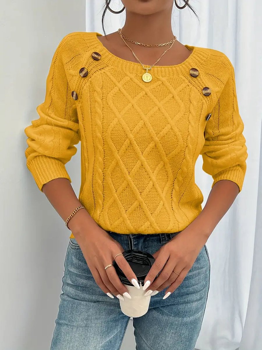 Fleur | Dames Kabelgebreide Knit Sweater Ronde Hals Raglanmouwen Knopen